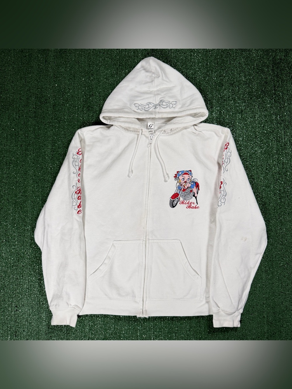 Y2K Womens Gaziani Biker Babe Zip Up Hoodie Size Large White Graphic